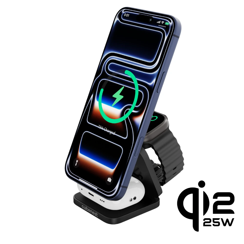 Cubenest 3v1 Qi2.2 Skládací bezdrátová magnetická nabíječka SQ312 Ultra černá