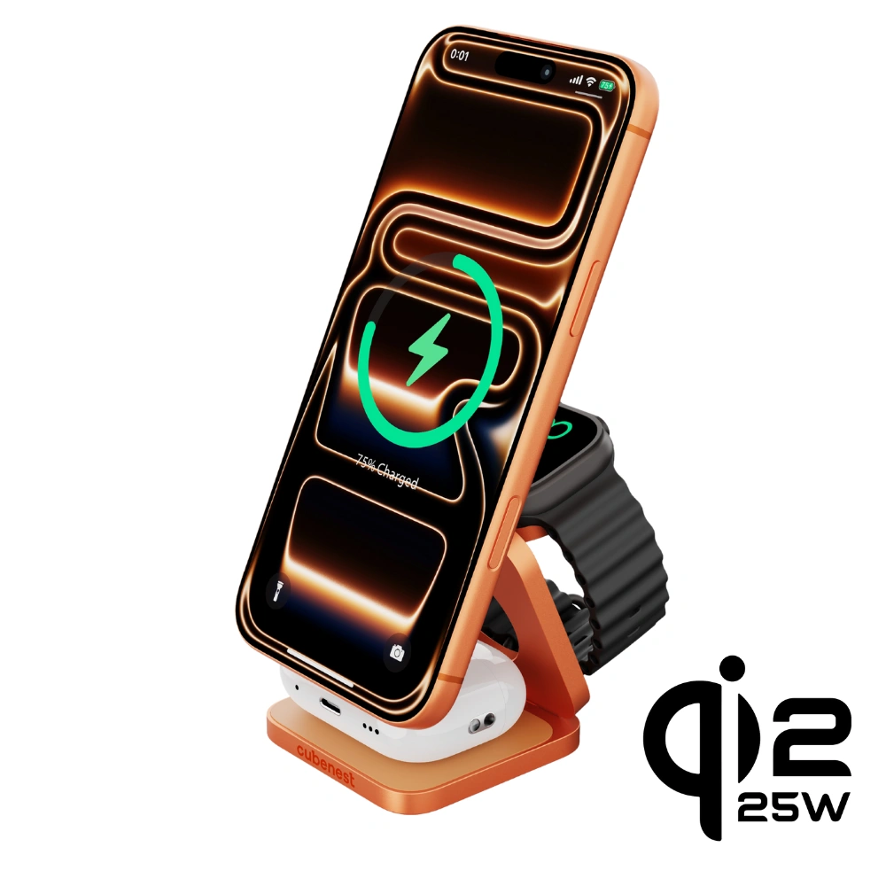 Cubenest 3v1 Qi2.2 Skládací bezdrátová magnetická nabíječka SQ312 Ultra oranžová