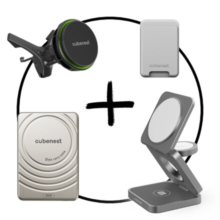 Akční set 4PACK - MagSafe nabíječka 3v1 šedá + MagSafe powerbanka UltraSlim + MagSafe peněženka + Chladící MagSafe nabíječka do auta 