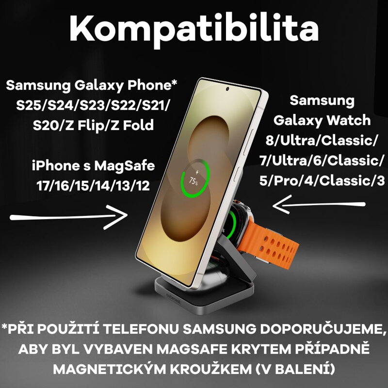 Cubenest 3v1 Qi2.2 Skládací bezdrátová magnetická nabíječka SQS312 Pro Samsung Watch