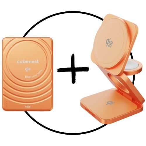 Akční set 2PACK oranžový - Qi2.2 MagSafe nabíječka 3v1 oranžová + Qi2 MagSafe powerbanka SlimDual oranžová