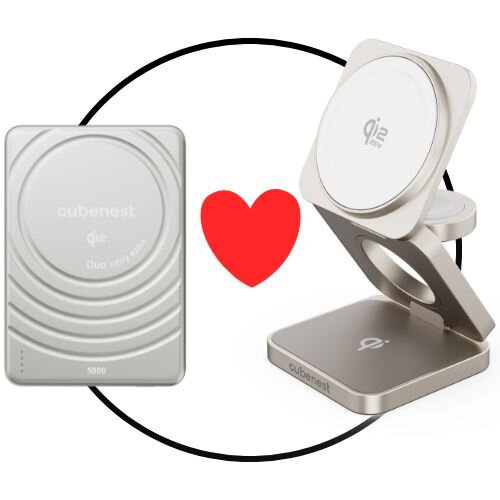 VALENTÝNSKÝ SET 2PACK stříbrný - Qi2.2 MagSafe nabíječka 3v1 titanová + Qi2 MagSafe powerbanka SlimDual stříbrná