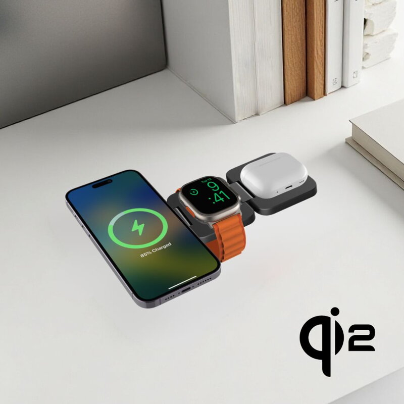 Cubenest 3v1 Qi2 Skládací bezdrátová magnetická nabíječka EQ310 šedá
