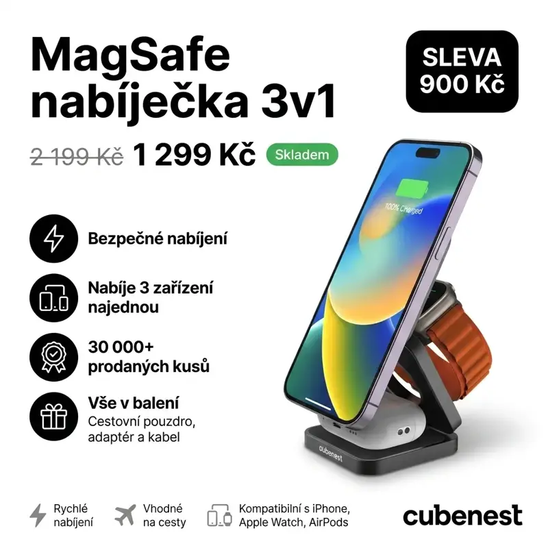 Cubenest 3v1 Skládací bezdrátová magnetická nabíječka S312 Pro černá