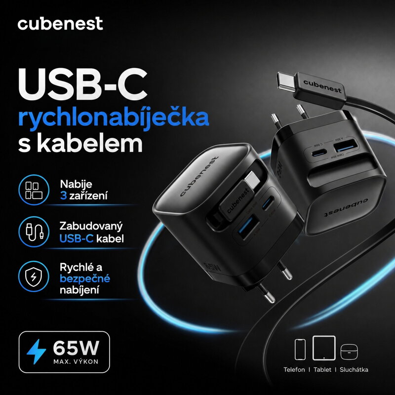 Cubenest PD GaN Adaptér s kabelem 65W S3D2