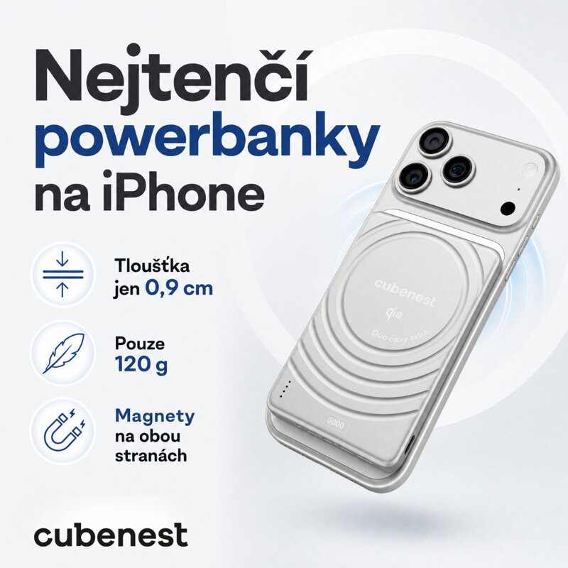 Cubenest Qi2 Magnetická bezdrátová powerbanka SlimDual 5000 mAh SQ1B3D stříbrná
