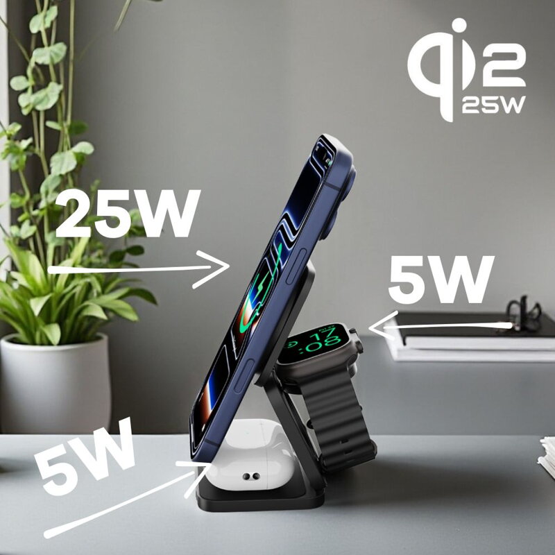 Cubenest 3v1 Qi2.2 Skládací bezdrátová magnetická nabíječka SQ312 Ultra černá