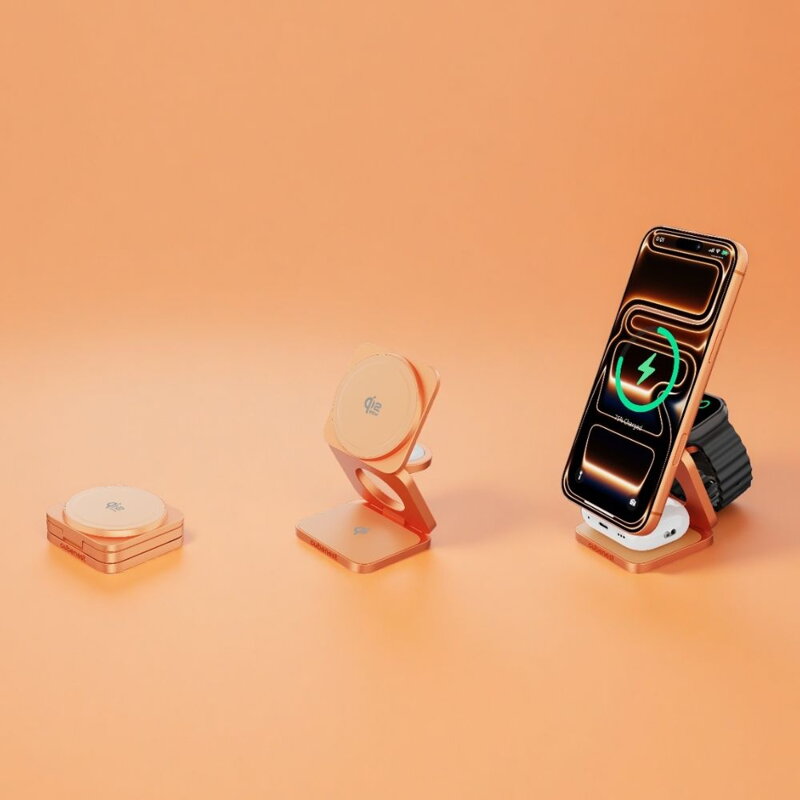 Cubenest 3v1 Qi2.2 Skládací bezdrátová magnetická nabíječka SQ312 Ultra oranžová