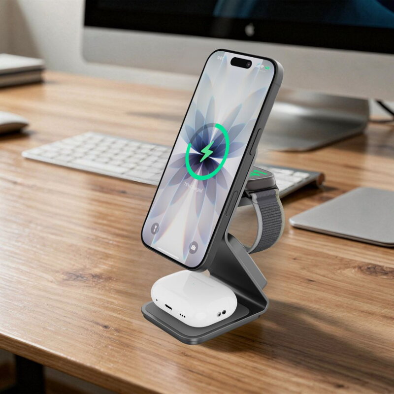 Cubenest 3v1 Qi2.2 Bezdrátová magnetická nabíječka SQ314 šedá