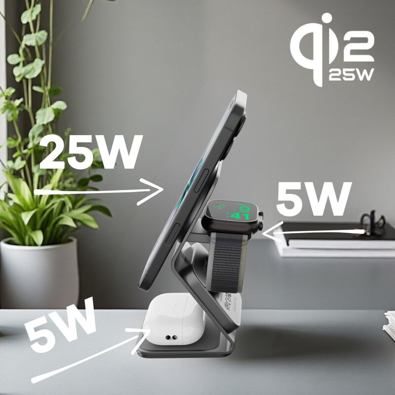 Cubenest 3v1 Qi2.2 Bezdrátová magnetická nabíječka SQ314 šedá