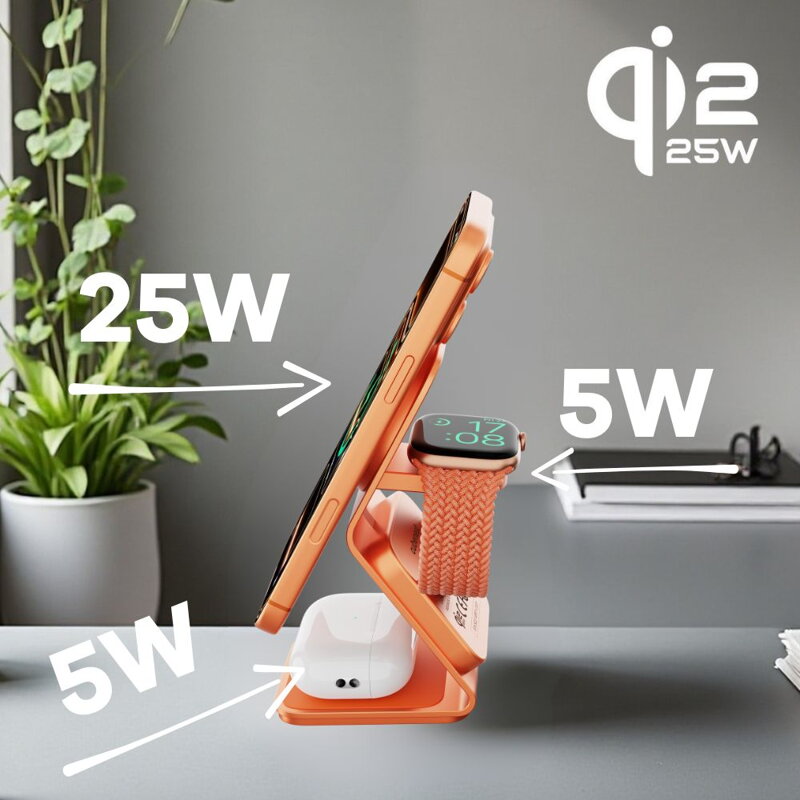 Cubenest 3v1 Qi2.2 Bezdrátová magnetická nabíječka SQ314 oranžová