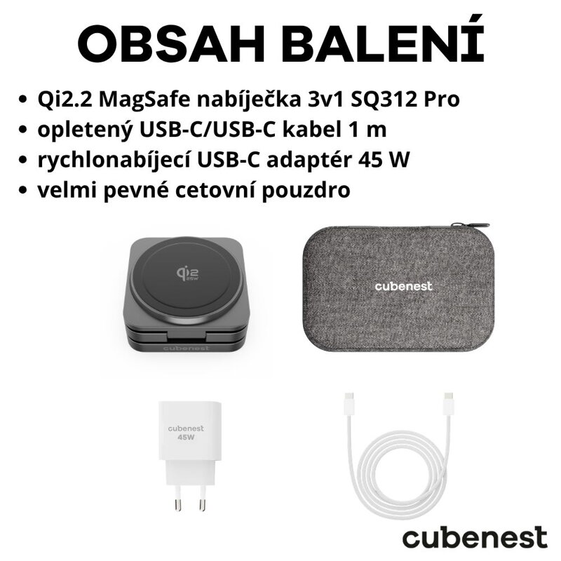 Cubenest 3v1 Qi2.2 Skládací bezdrátová magnetická nabíječka SQ312 Ultra černá